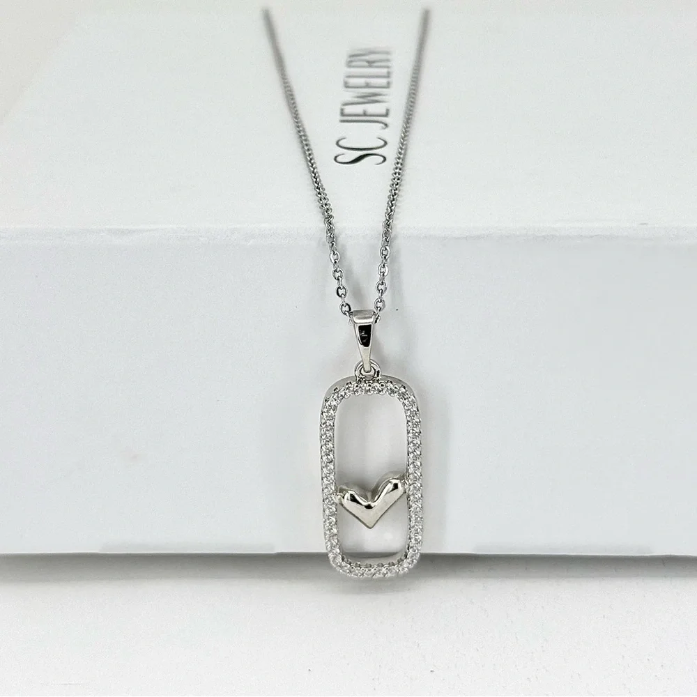 Dainty Platinum Plated Geometric Rectangle Frame Heart Pendant Necklace
